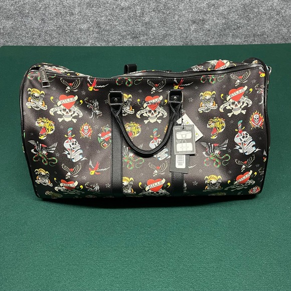 Ed Hardy Other - Ed Hardy Duffle Bag Black Tattoo Flash Print Vegan Leather Laptop Sleeve Travel